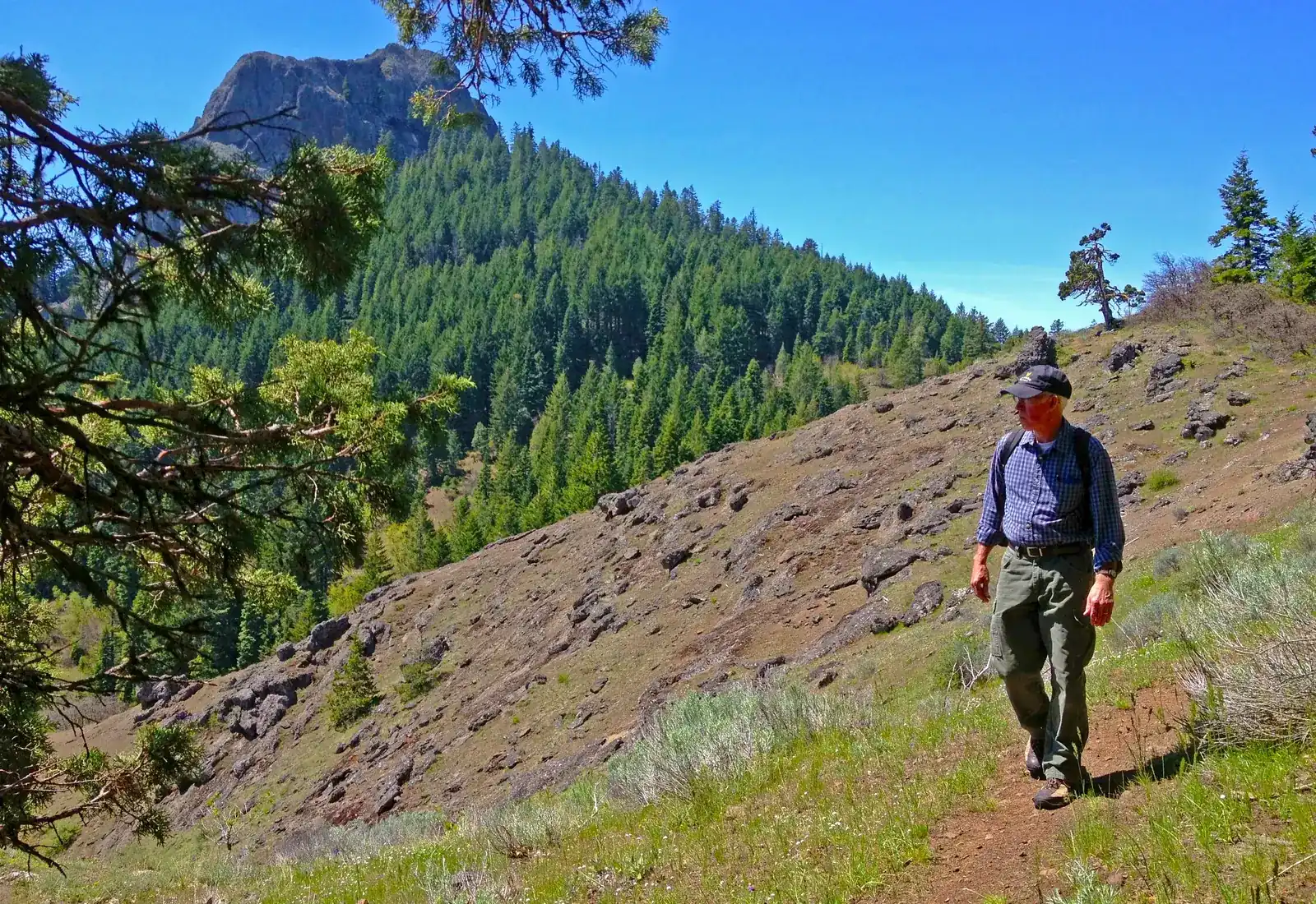 A hunter working up an open slope toward high country